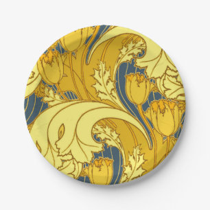 Tulip Pattern Print: Yellow Blue Art Nouveau Paper Plate