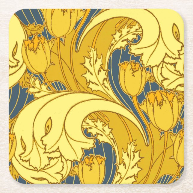 Tulip Pattern Print: Yellow Blue Art Nouveau Square Paper Coaster (Front)