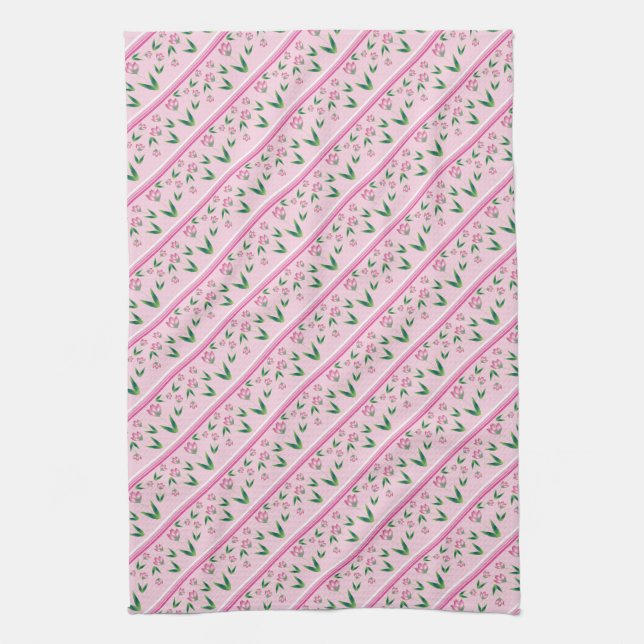 Tulip Pattern With Pinks Tea Towel (Vertical)