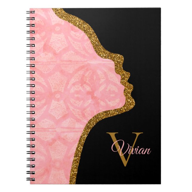 Tulip Pink And Gold Glitter Face Monogram Name Notebook (Front)