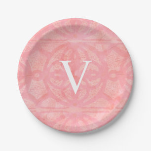 Tulip Pink Monogrammed Watercolor Paper Plate