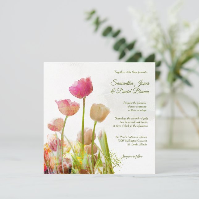 Tulip Watercolor Custom Wedding Invitation (Standing Front)