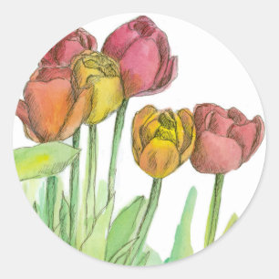 Tulip Watercolor Flowers Salmon Pink Floral Art Classic Round Sticker