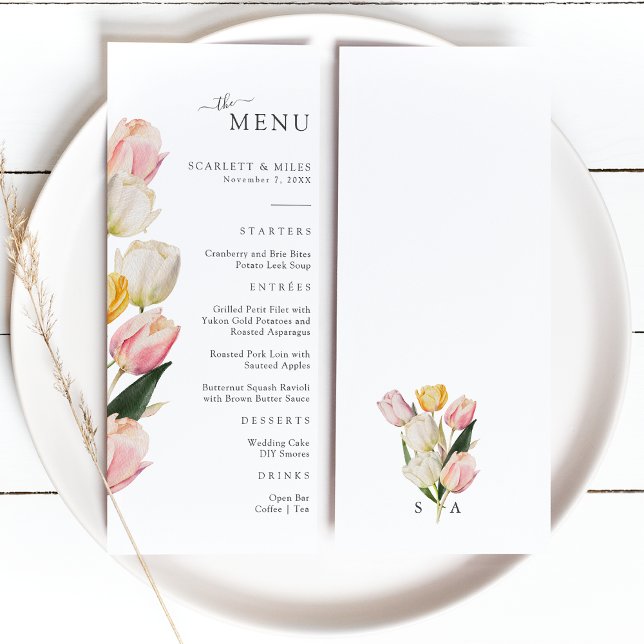 Tulip Wedding Menu (Elegant Watercolor Tulip Wedding Menu Monogrammed by Painted Paperie
)