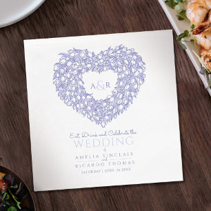 Tulip wreath ink drawing monogram wedding blue napkin
