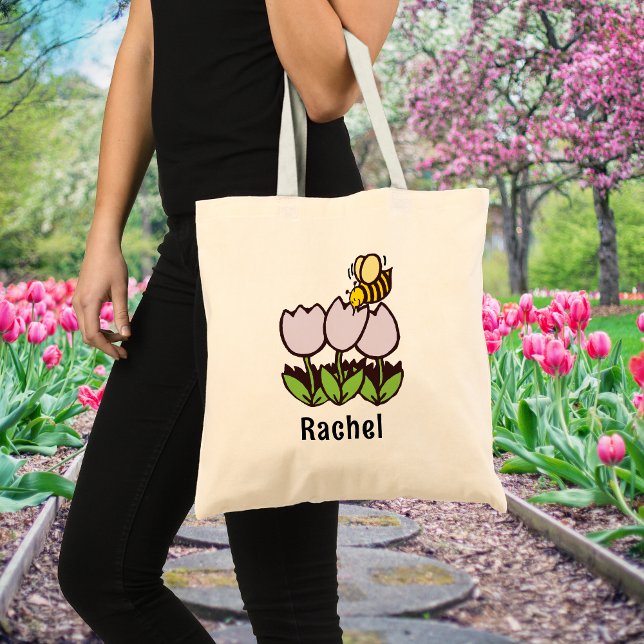 Tulips and Bee with Personalised Name Gardening Tote Bag (Creator Uploaded)