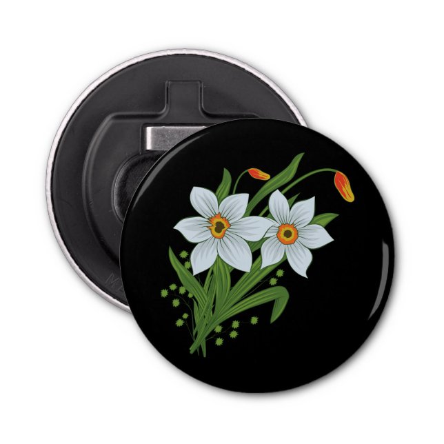 Tulips and Daffodils Flowers Black Background Bottle Opener (Front)
