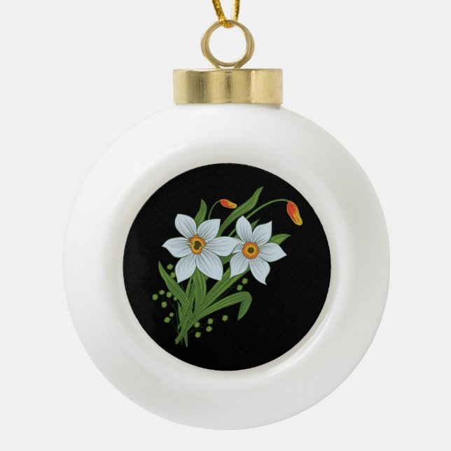 Tulips and Daffodils Flowers Black Background Ceramic Ball Christmas Ornament (Front)