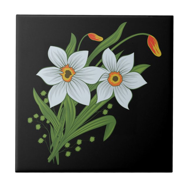 Tulips and Daffodils Flowers Black Background Ceramic Tile (Front)