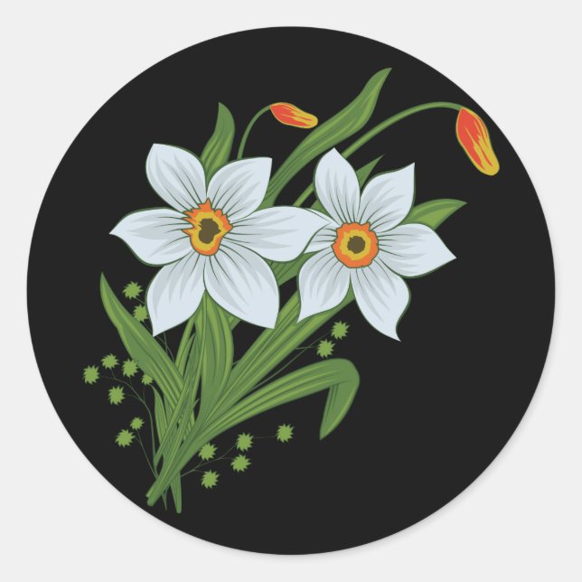 Tulips and Daffodils Flowers Black Background Classic Round Sticker (Front)