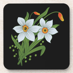 Tulips and Daffodils Flowers Black Background Coaster