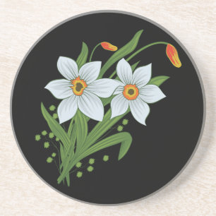 Tulips and Daffodils Flowers Black Background Coaster