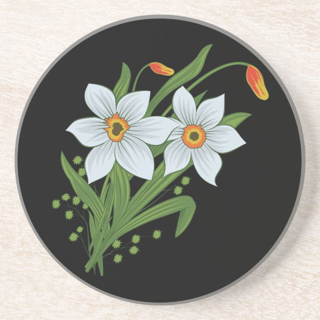 Tulips and Daffodils Flowers Black Background Coaster (Front)