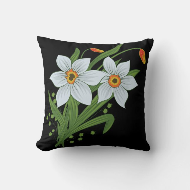 Tulips and Daffodils Flowers Black Background Cushion (Front)