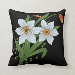 Tulips and Daffodils Flowers Black Background Cushion