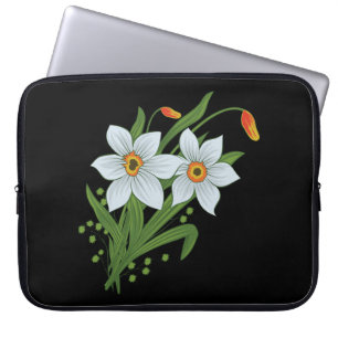 Tulips and Daffodils Flowers Black Background Laptop Sleeve