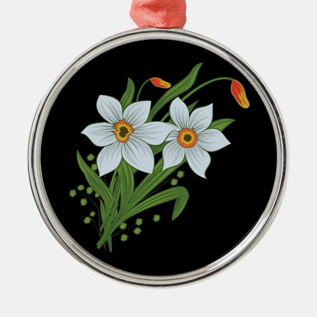 Tulips and Daffodils Flowers Black Background Metal Ornament (Front)