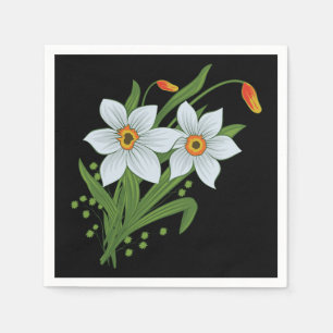 Tulips and Daffodils Flowers Black Background Napkin