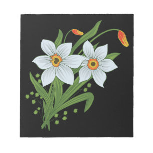 Tulips and Daffodils Flowers Black Background Notepad