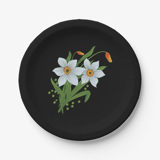 Tulips and Daffodils Flowers Black Background Paper Plate (Front)