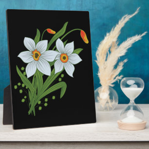 Tulips and Daffodils Flowers Black Background Plaque