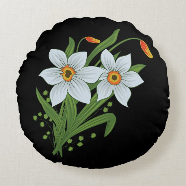 Tulips and Daffodils Flowers Black Background Round Cushion (Front)