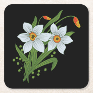 Tulips and Daffodils Flowers Black Background Square Paper Coaster