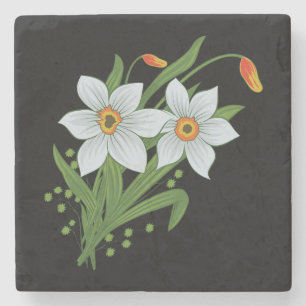 Tulips and Daffodils Flowers Black Background Stone Coaster