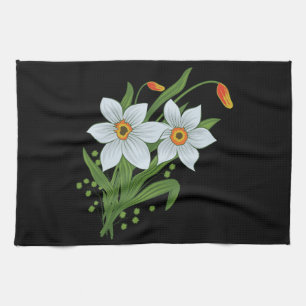 Tulips and Daffodils Flowers Black Background Tea Towel
