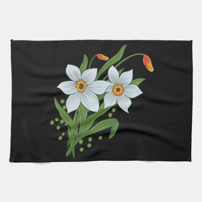 Tulips and Daffodils Flowers Black Background Tea Towel (Horizontal)