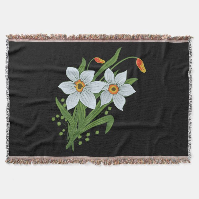 Tulips and Daffodils Flowers Black Background Throw Blanket (Front)