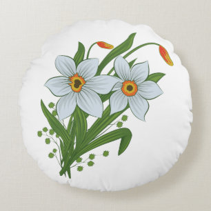 Tulips and Daffodils Flowers Round Cushion