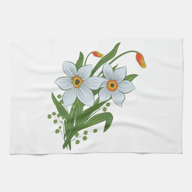Tulips and Daffodils Flowers Tea Towel (Horizontal)