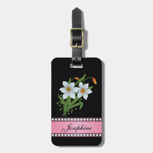Tulips and Daffodils Pink Personalised Name Luggage Tag (Front Vertical)