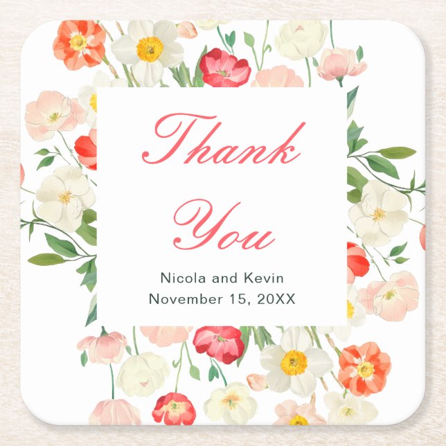 Tulips and Daffodils Spring Wedding Square Paper Coaster (Front)