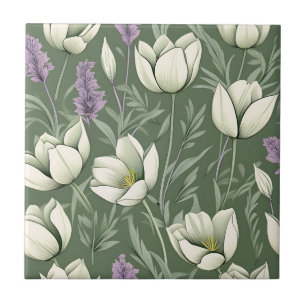 Tulips And Lavender On Green Ceramic Tile