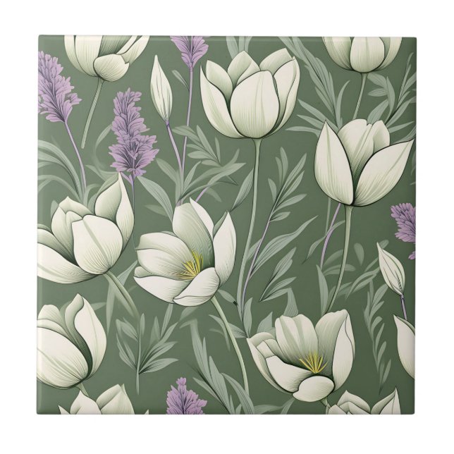 Tulips And Lavender On Green Ceramic Tile (Front)