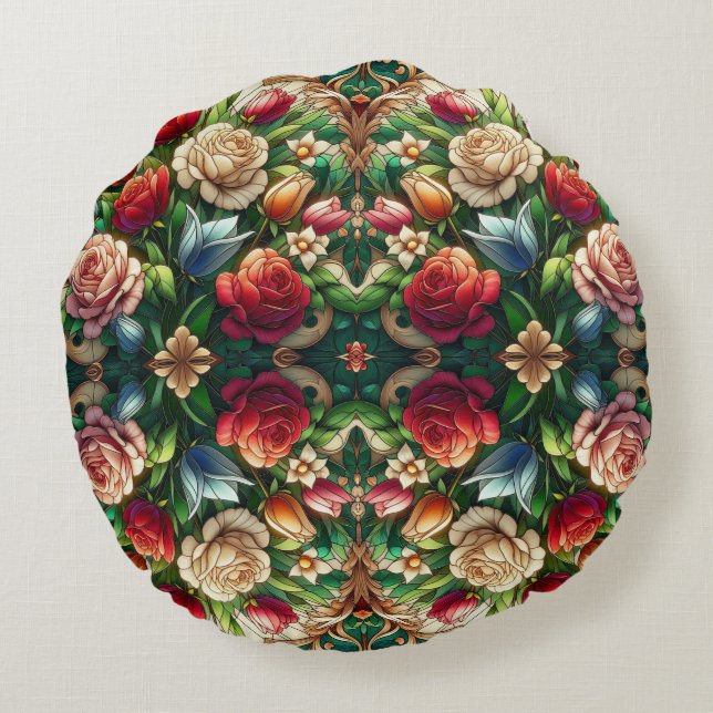 Tulips And Roses Stained Glass Design Round Cushion (Back)