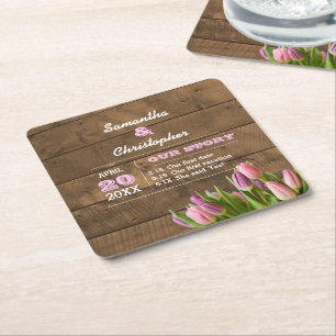 Tulips & Barnwood Pastel Personalised Wedding Square Paper Coaster