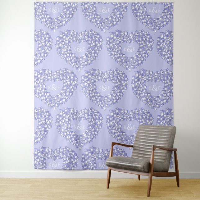 Tulips blue white monogram wedding backdrop tapestry (In Situ)