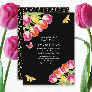 Tulips & Butterflies Black Bridal Brunch Invitation