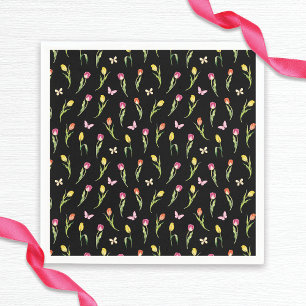 Tulips & Butterflies Black Pattern Bridal Shower Napkin