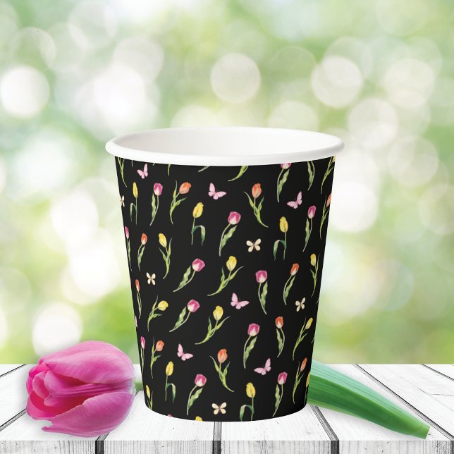 Tulips & Butterflies Black Pattern  Paper Cups (Creator Uploaded)