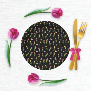 Tulips & Butterflies Black Pattern Paper Plate