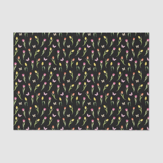 Tulips & Butterflies Black Pattern  Tissue Paper (Front)