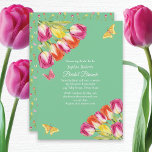 Tulips & Butterflies Green Bridal Brunch Party  Invitation<br><div class="desc">Editable Tulips and butterflies Bridal brunch party invitation. Design features vibrant bunches of pink, yellow and orange tulips on a green background. Pink and yellow butterflies frolic around the tulips, enhancing the joyful aesthetic with a whimsical touch! The back of the invitation is decorated with a colourful pattern of tulips...</div>