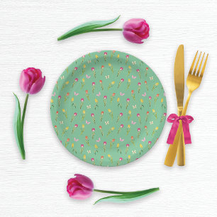 Tulips & Butterflies Green Pattern Paper Plate