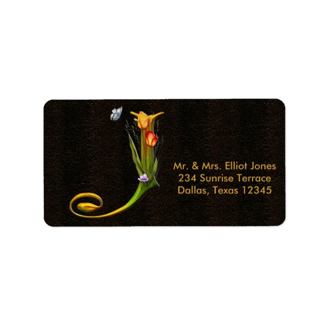 Tulips Butterflies Letter J Monogram Address Label (Front)