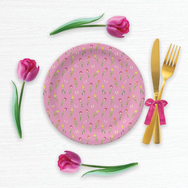 Tulips & Butterflies Pink Pattern  Paper Plate (Creator Uploaded)