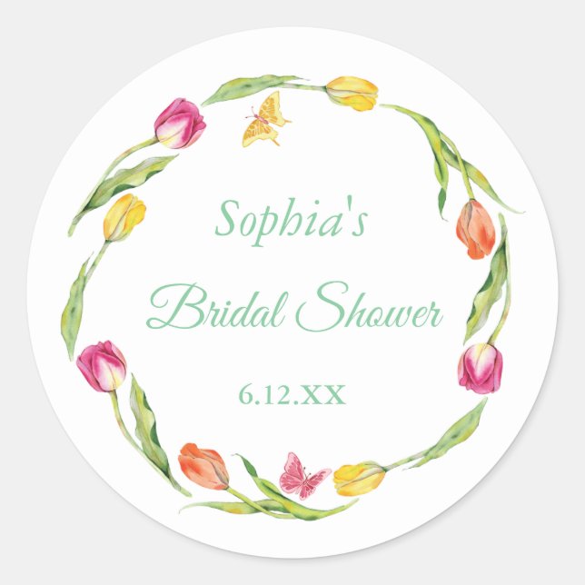 Tulips & Butterflies White Bridal Shower  Classic Round Sticker (Front)
